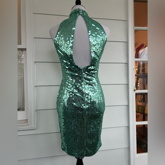 Green sequin dress with button neck -small - Picture 2 of 4